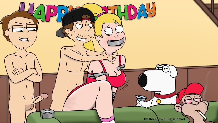 1girls 2boys 2others american_dad bondage boner brian_griffin choking clothed_female_nude_male crossover duct_tape duct_tape_gag erect_penis erection evil_monkey family_guy francine_smith gag gagged hate_sex male non_con penis rape rough_sex running_a_train schmuely_lonstein smoking steve_smith tied_up worried worried_expression worried_look