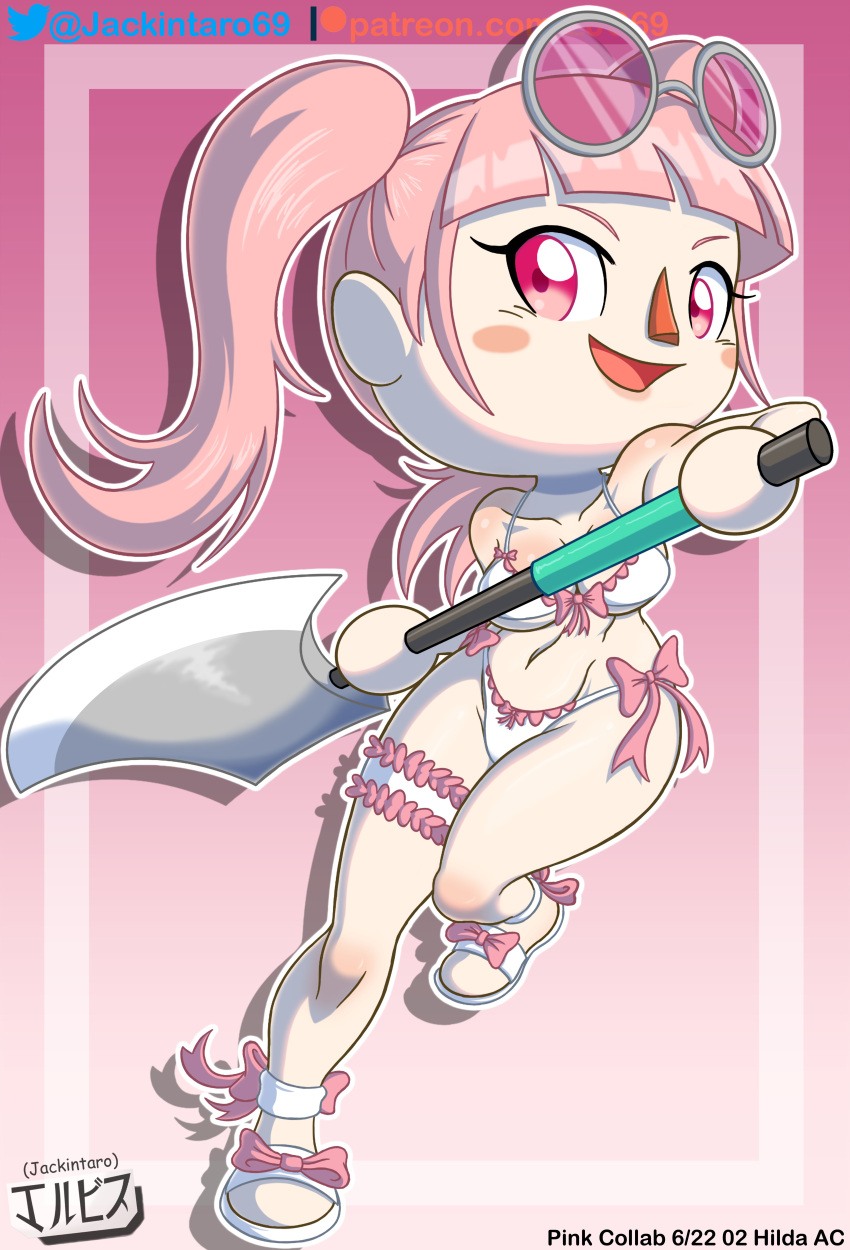 animal_crossing axe bikini collaboration crossover digital_media_(artwork) fanart fire_emblem glasses hilda_valentine_goneril jackintaro looking_at_viewer nintendo open_mouth pink_eyes pink_hair ribbon ribbons simple_shading smile swimsuit twintails villager_(animal_crossing) white_bikini white_swimsuit