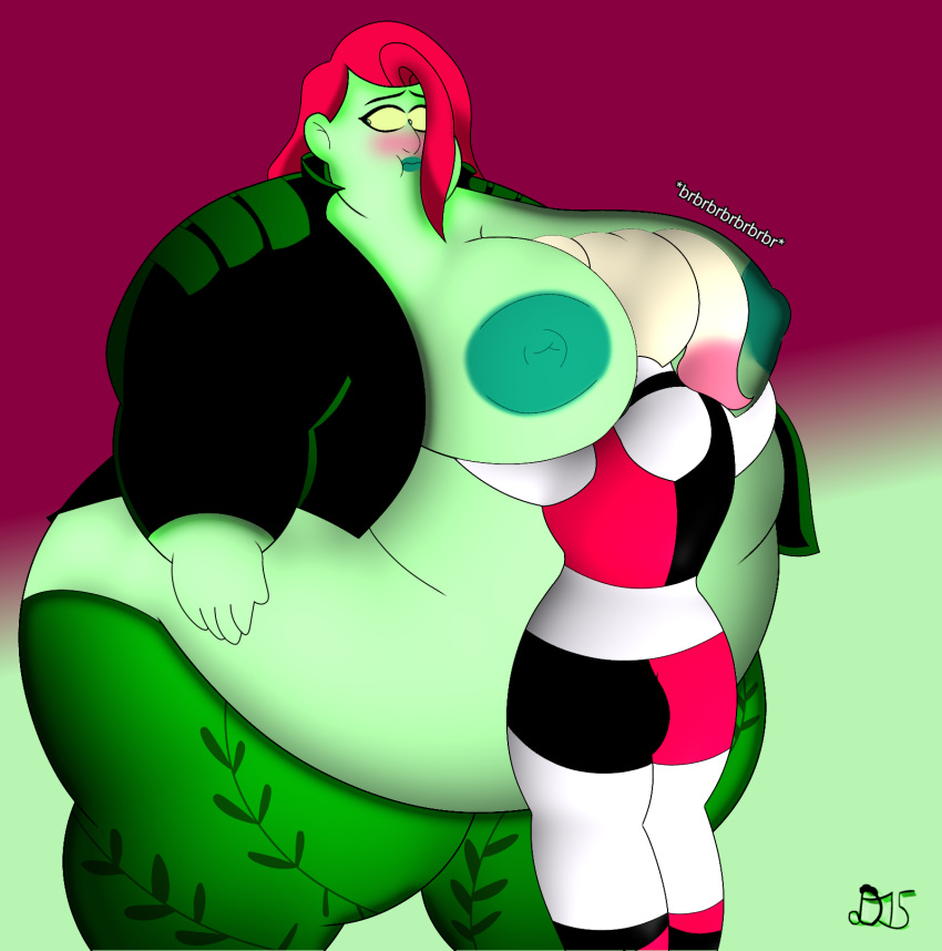 2d batman_(series) bbw big_ass big_breasts blush cleavage cooldeverage dc_comics female female_only green-skinned_female green_skin harley_quinn harley_quinn_(series) hugging jacket motorboating no_undershirt obese obese_female overweight_female pamela_isley poison_ivy red_hair smothering twintails white_skin yuri