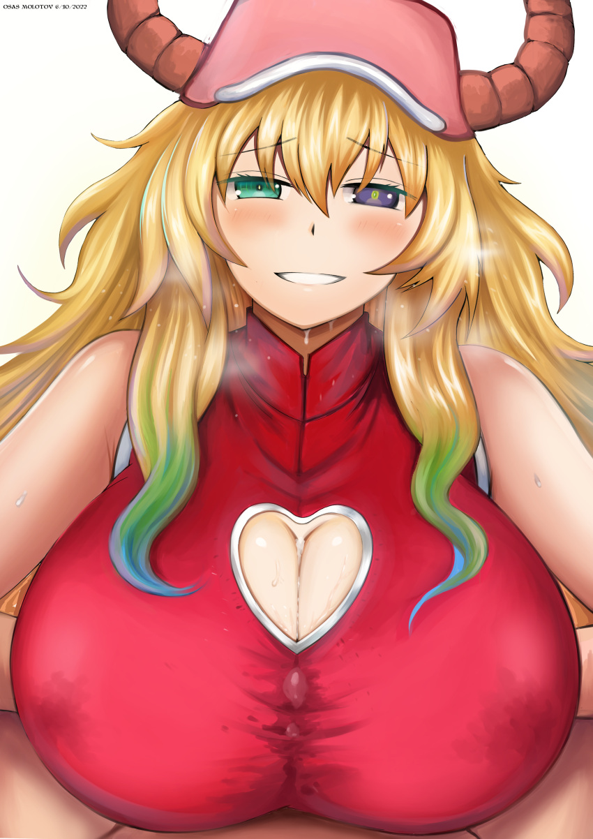 big_breasts blonde_hair breast_focus huge_breasts miss_kobayashi's_dragon_maid multicolored_hair osas_molotov paizuri paizuri_under_clothes quetzalcoatl_(dragon_maid) smile solo_female tagme