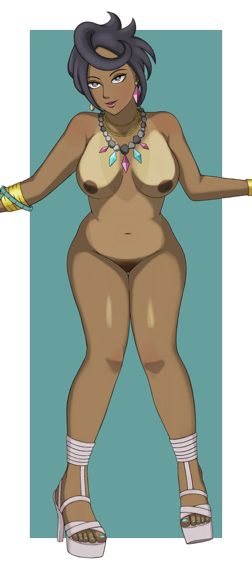 black_hair breasts captainmilf casual dark_nipples dark_skin female game_freak grey_eyes high_heels human milf naked naked_footwear naked_heels nintendo nude olivia_(pokemon) pink_lipstick pokemon pokemon_sm