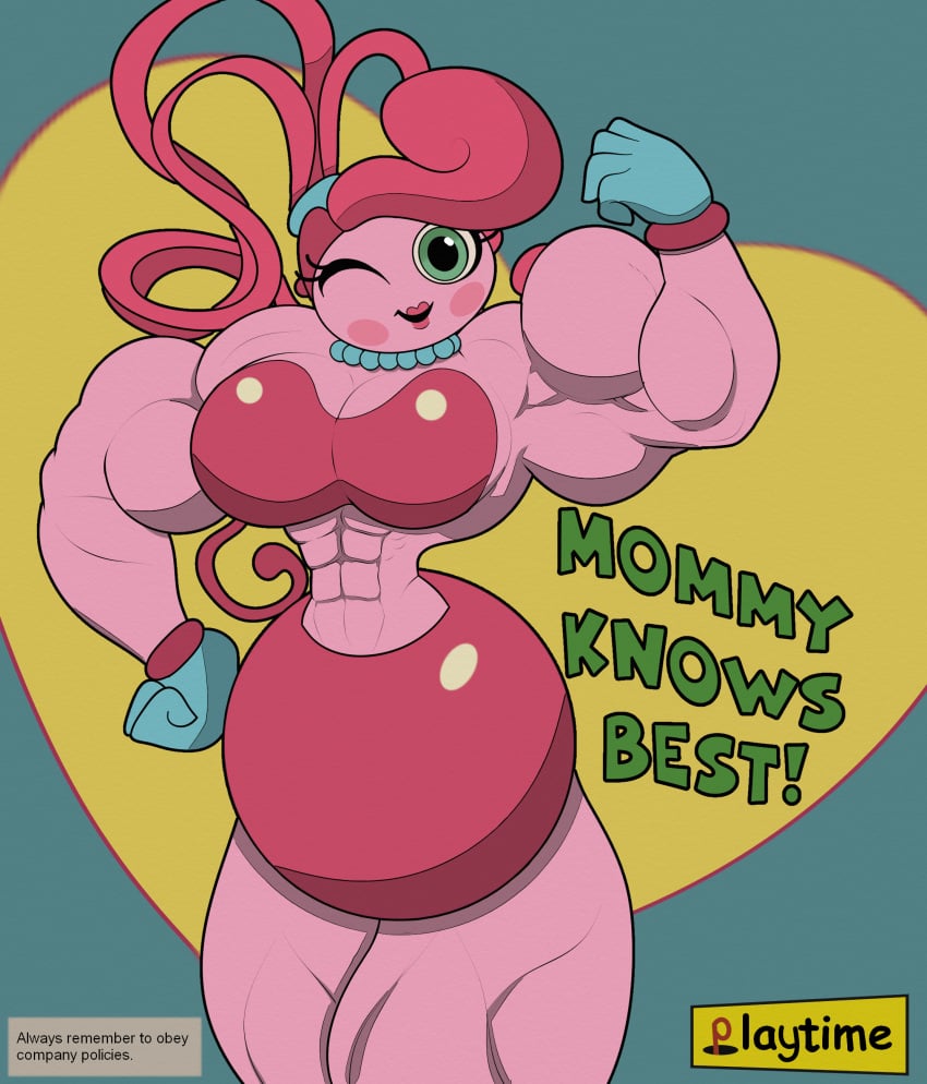 1girls big_breasts breasts english_text green_eyes lipstick looking_at_viewer matchstick_(artist) mommy_long_legs muscular muscular_female one_eye_closed pink_body pink_hair pink_skin poppy_playtime text thunder_thighs