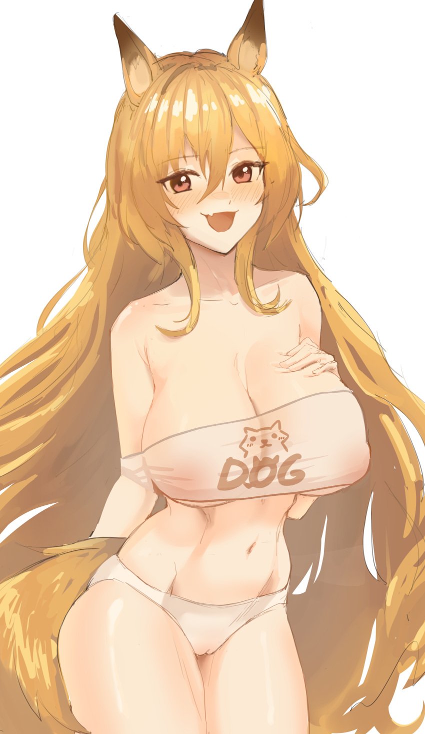 1girls :d absurdres alternate_version_available animal_ears arknights bangs big_breasts blonde_hair blush breasts brown_eyes cameltoe ceobe_(arknights) clothes_writing collarbone covered_nipples cowboy_shot crop_top dog_ears dog_girl dog_tail female female_only hair_between_eyes hand_on_own_chest highres large_breasts light-skinned_female light_skin long_hair long_sleeves looking_at_viewer navel oerba_yun_fang open_mouth panties radioneet single_sleeve skin_fang smile solo stomach tail underwear very_long_hair white_panties