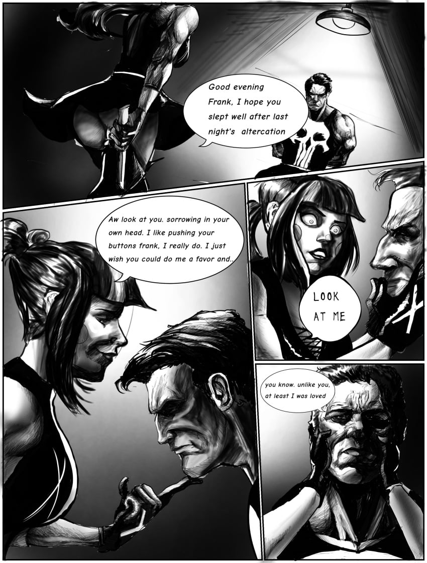 1boy alexis_kaye bondage comic comic_page crossover dc dc_comics female frank_castle male marvel marvel_comics punchline_(dc) punisher rape restrained reverse_rape violence