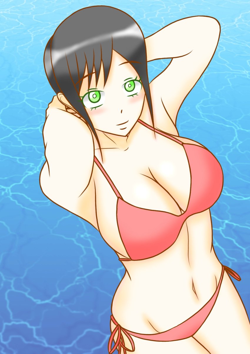 alluring big_breasts bikini black_hair female green_eyes hammy_(kyuranger) mokuro_(artist) posing super_sentai uchu_sentai_kyuranger water wet