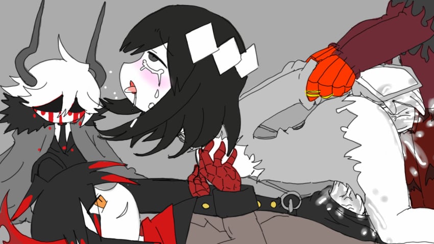 1girls 3boys ass black_cape black_hair black_horns black_suit blood breasts crying cum dead_body devil doltaengi emalf etihw funamusea god ivlis kcalb legs ntr penis red_horns tagme tearing_clothes tears the_gray_garden thighs white_hair