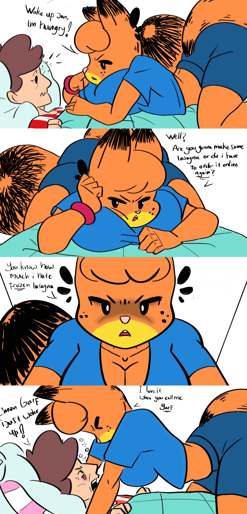 1boy bedroom blue_shirt brown_hair cat_ears cat_tail catgirl cleavage comic comic_panel dialogue drawzaku female female_on_top garfield_(series) garfield_the_cat in_bed jon_arbuckle mob_face orange_fur orange_hair resting_breasts rule_63 shorts text_bubble tired_eyes wake_up wristband