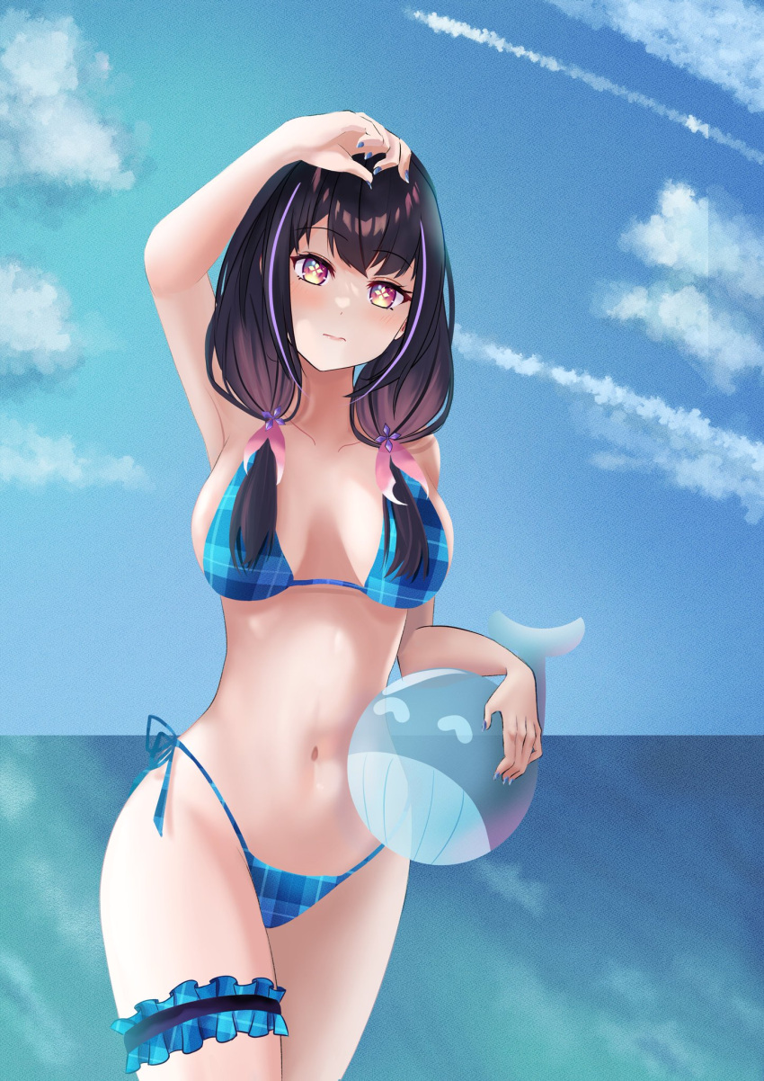 1girls 2022 alternate_version_available belly belly_button bikini detailed_background estebaneishon1 hair_ornament hina_misora long_hair looking_at_viewer pale-skinned_female pale_skin solo solo_focus thighs virtual_youtuber wactor wactor_es wactor_production