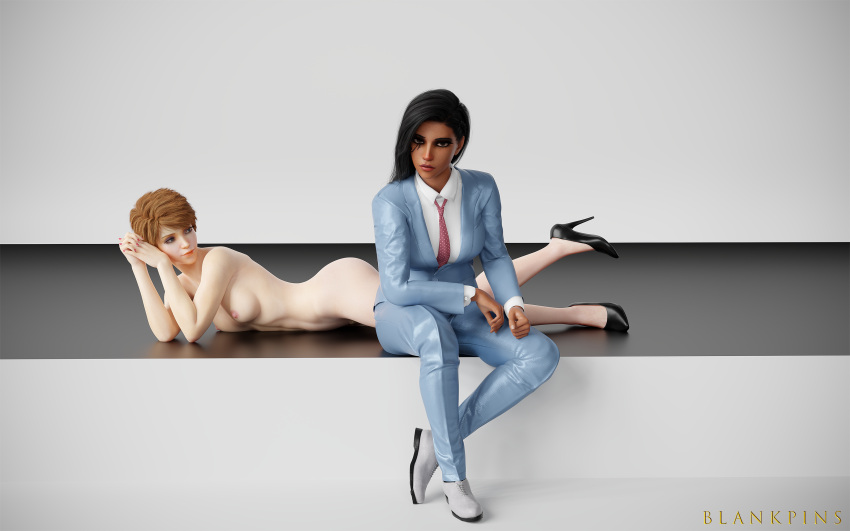 2girls 3d blankpins clothed_female heels high_heels jacket long_hair mercy nude_female overwatch pharah pinup short_hair simple_background tie woman_in_suit