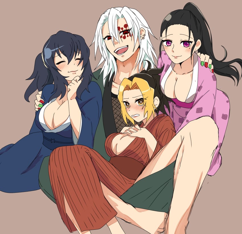 1boy 3girls big_breasts black_hair blonde_hair blush canon_couple cleavage clothed demon_slayer embarrassed facial_mark female fully_clothed hair_down harem hinatsuru_(kimetsu_no_yaiba) husband_and_wives japanese_clothes kimetsu_no_yaiba kimono long_hair makio_(kimetsu_no_yaiba) male married_couple mole_under_eye multiple_girls nail_polish no_bra no_sex obi open_kimono ot4 ponytail purple_eyes red_eyes shy sitting_on_lap sitting_on_person smile suma_(kimetsu_no_yaiba) the_wives_(kimetsu_no_yaiba) two_tone_hair uzui_tengen white_hair wholesome yellow_eyes