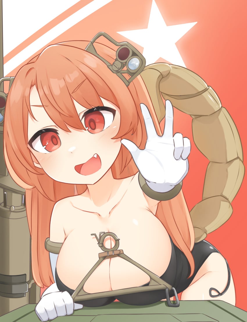 1girls battle_tank breasts daebom eyebrows_visible_through_hair female female_only happy_female large_breasts looking_at_viewer m56 no_sex orange_hair personification red_eyes revealing_clothes scorpion solo tank war_thunder