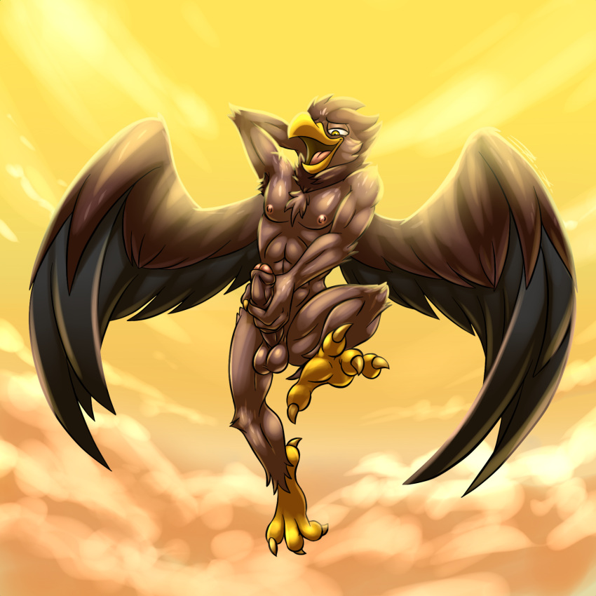 2022 4_toes anthro avian balls bassybefuddle beak big_penis black_body black_feathers black_wings brown_balls brown_body brown_feathers brown_penis brown_wings chest_tuft claws cloud erection feathers feet flying foreskin genitals glans gryphon half-closed_eyes hand_on_penis hi_res humanoid_genitalia humanoid_penis looking_down looking_pleasured luff_(kalofoxfire) male masturbation muscular muscular_anthro muscular_male mythological_avian mythology narrowed_eyes nude penile penile_masturbation penis red_glans smile solo spread_wings talons toe_claws toes tuft wings yellow_beak yellow_claws yellow_eyes