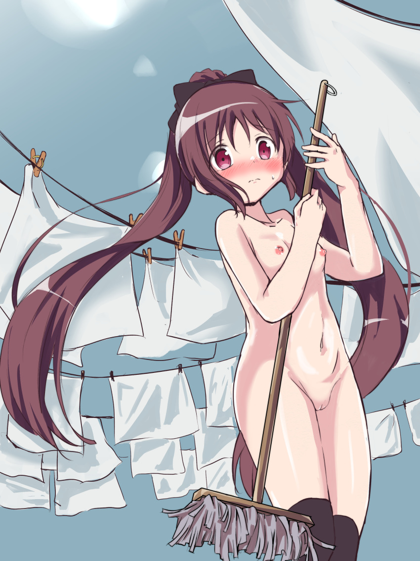 absurdres alternate_costume amane_tsukasa bangs bow breasts broom brown_hair enmaided female frills hairbow highres holding holding_broom long_hair looking_at_viewer magia_record:_mahou_shoujo_madoka_magica_gaiden mahou_shoujo_madoka_magica maid nipples nude pussy red_eyes solo thighhighs twintails uncensored uya_04 uya_04