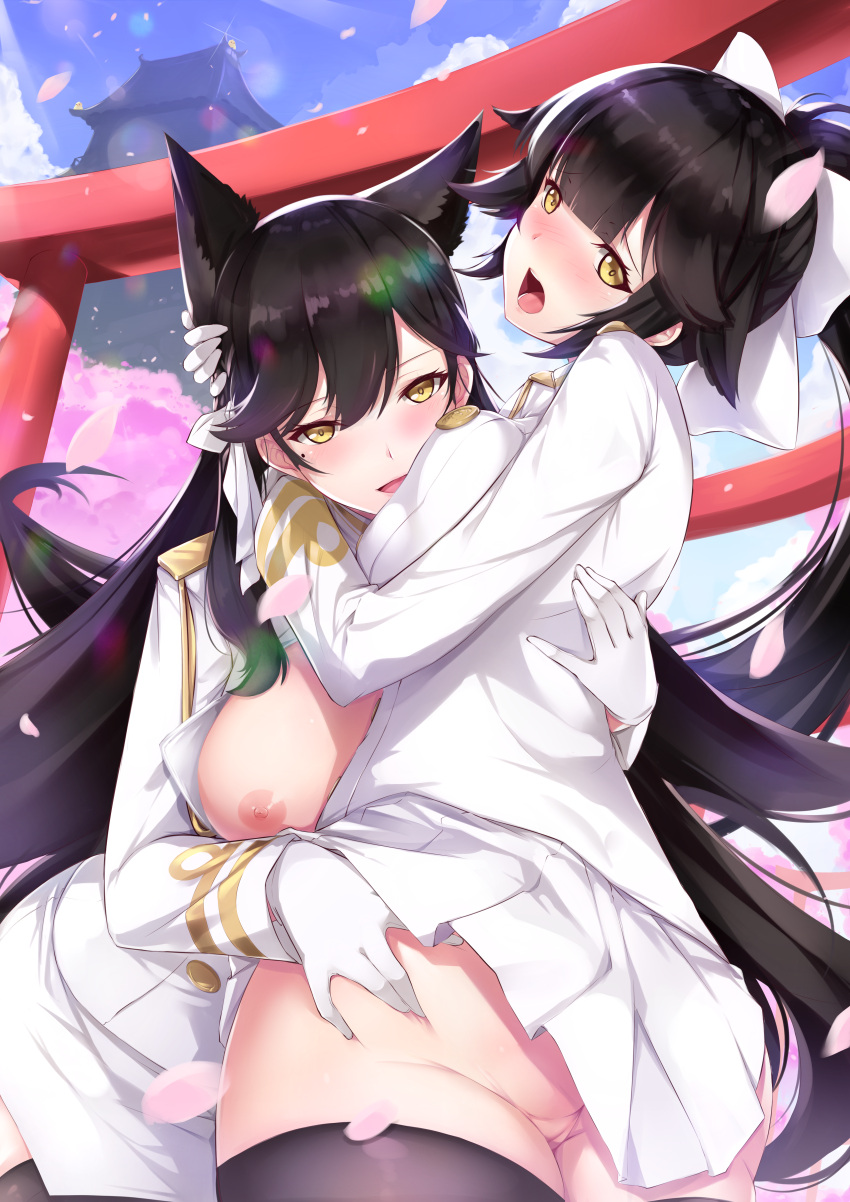 2girls animal_ears atago_(azur_lane) azur_lane breasts gainoob grabbing_ass horny incest looking_at_viewer multiple_girls nipples no_bra no_panties pussy sisters takao_(azur_lane) torii yellow_eyes yuri