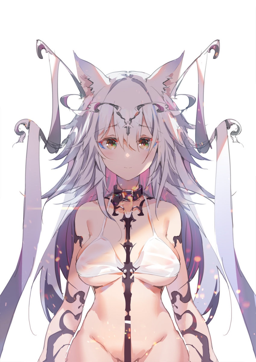 animal_ears bangs bare_shoulders bikini breasts cat_ears cat_girl collar collarbone eyebrows_behind_hair female female hair_between_eyes highres leash long_hair looking_at_viewer original ribbon simple_background solo stomach swimsuit tattoo white_background white_hair xion32 yellow_eyes