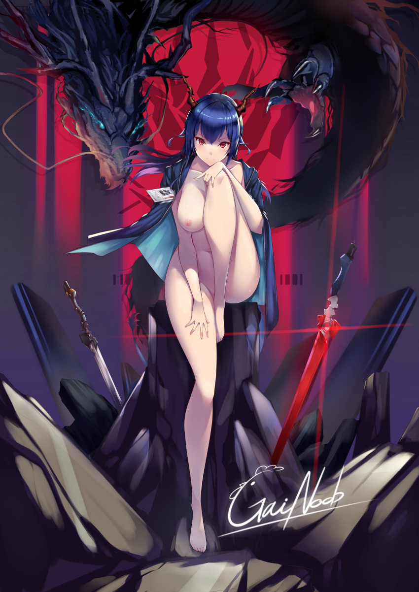 arknights breast ch'en_(arknights) completely_nude covered_breast gainoob horns looking_at_viewer nipple watermark