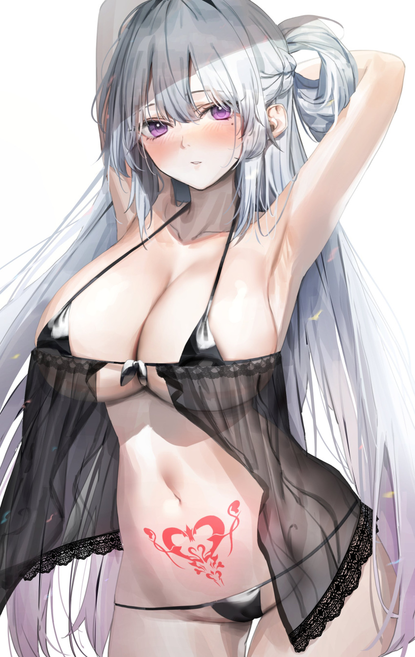 1girls absurdres arms_behind_head babydoll blush breasts cowboy_shot female female female_only gradient_hair highres large_breasts lingerie long_hair mole mole_under_eye multicolored_hair navel original poharo pubic_tattoo purple_eyes solo tattoo underwear very_long_hair