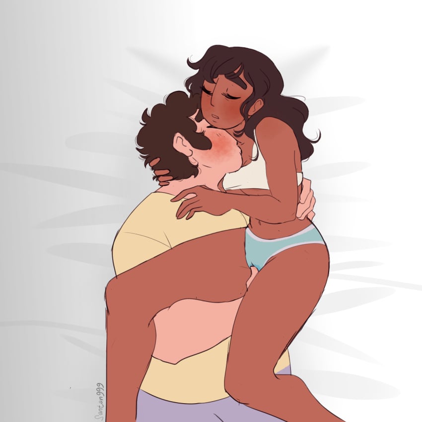 1boy 1girls bedroom bigger_male bird's-eye_view blush bra cartoon_network cleavage closed_eyes connie_maheswaran fingering fingering_partner fingering_through_panties hand_on_hip imminent_sex kissing_neck long_hair messy_hair pajamas panties pleasure_face request santan999 short_hair signature snuggle steven_quartz_universe steven_universe straight_hair thighs