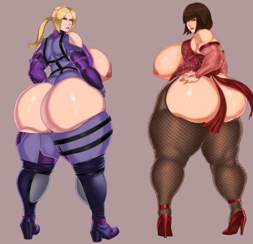 2girls 9will6 alternate_ass_size alternate_body_type alternate_breast_size anna_williams ass ass_focus big_ass big_breasts blonde_hair bottomless brown_hair curvy female female_only fishnet fishnet_legwear fishnets hi_res high_heels highres huge_ass huge_breasts large_ass large_breasts lipstick looking_at_viewer looking_back makeup multiple_girls muscular muscular_female nina_williams partially_clothed pinup plump sisters tekken thick_thighs thighhighs venus_body voluptuous