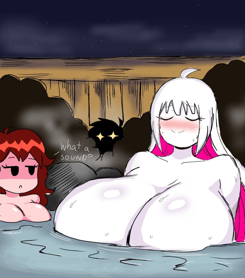 1boy 2girls being_watched big_breasts blush breasts closed_eyes english_text female floating_breasts huge_breasts large_breasts larger_male long_hair nipples_covered sauna size_difference smaller_female smaller_male text toony water_censor white_body