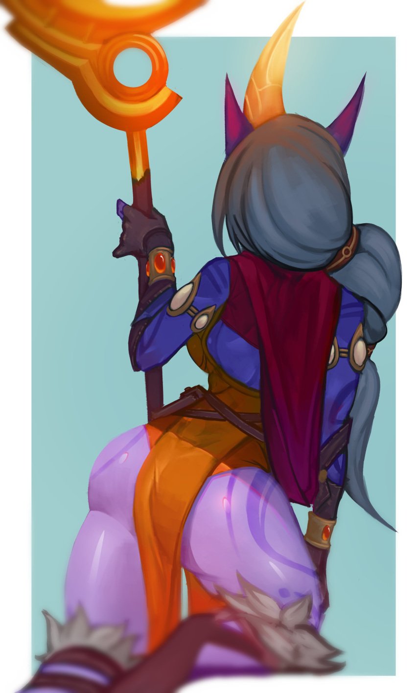 absurd_res ass bare_legs clothed clothed_female clothing dress female glowing glowing_horn hair hi_res hironsfw horn horned_humanoid humanoid humanoid_pointy_ears kneeling league_of_legends long_hair on_one_leg ponytail purple_body purple_skin rear_view riot_games solo soraka staff standing tattoo video_games weapon white_hair wide_hips