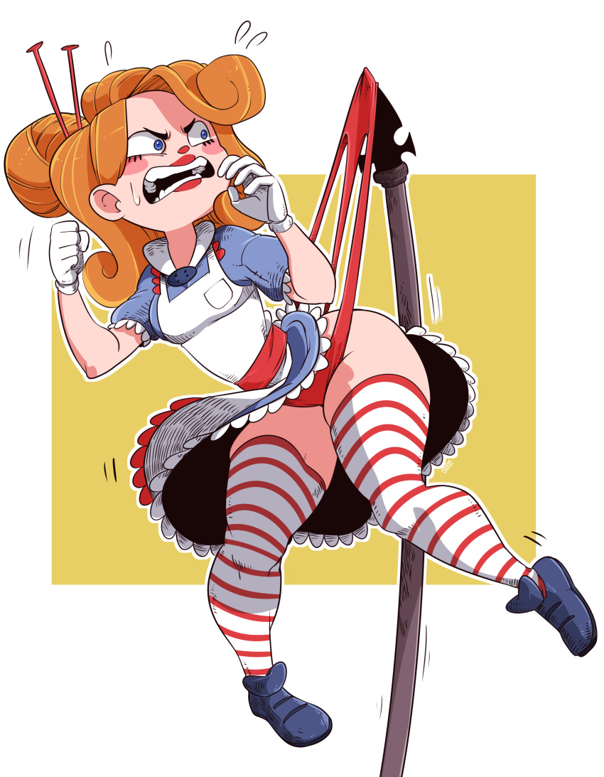 angry apron clothing dress embarrassed gloves hanging_wedgie humiliated humiliation living_doll nuclearwasabi open_mouth orange_hair red_hair red_nose red_panties sewing_pins stretched_clothing stuck suspended sweat sweatdrop thick_ass thick_thighs thighhighs thighs wedgie