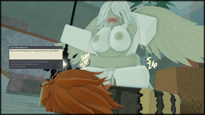 1boy 1girls 3d angel angel_(deepwoken) blush breasts cowgirl_position cum_in_pussy cum_inside deepwoken gold_nipples khan_(deepwoken) nipples orange_hair public public_sex pussy qizen ripped_clothing roblox roblox_game self_upload tagme white_body white_hair wings