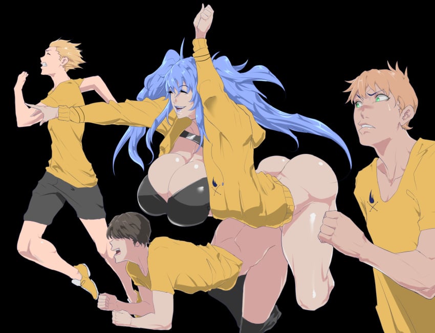 1futa 3boys all_fours anal bent_over black_hair blonde_hair blue_hair bottomless breasts clothed clothing fully_clothed futa_on_male futanari huge_breasts human implied_futanari jacket large_breasts light-skinned_futanari light-skinned_male light_skin long_hair male mostly_clothed partially_clothed penis running sex tenchizone