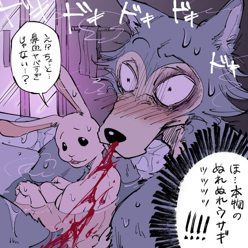 bathtub beastars blood bodily_fluids canid canine canis duo female haru_(beastars) hi_res lagomorph legoshi_(beastars) leporid male male/female mammal nosebleed nude open_mouth rabbit text translated water wolf yuzuki_fang111