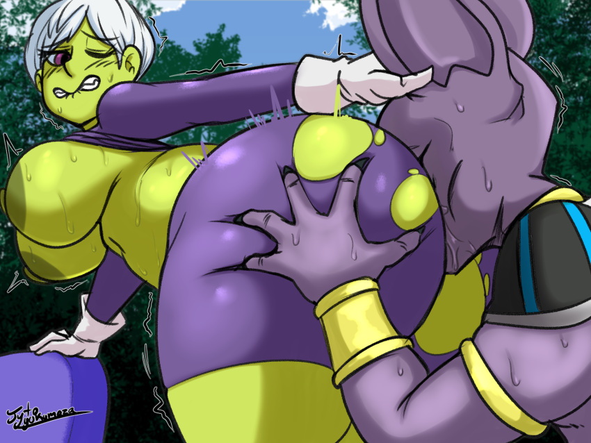 1boy 1girls anthro ass beerus bent_over big_breasts big_butt breasts cheelai dragon_ball dragon_ball_super dragon_ball_super_super_hero eating_ass face_in_ass female god_of_destruction green_skin hi_res huge_butt interspecies jyto male mammal nude oral purple_skin rimming sex white_hair