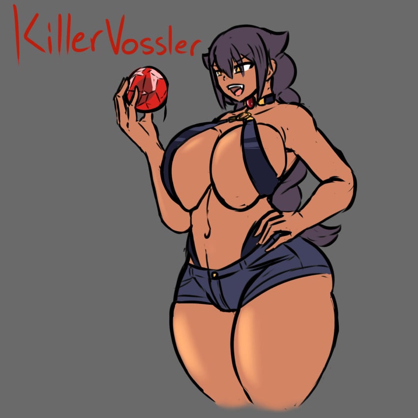 1girls bare_shoulders belly belly_button big_breasts breasts clothed clothes clothing dark-skinned_female dark_skin denim_shorts female female_only gokusenpai grey_background hand_on_hip hips holding holding_object huge_breasts human human_only humanoid jahy jahy_sama_wa_kujikenai! large_breasts navel simple_background solo solo_female text thick thick_thighs thighs voluptuous wide_hips