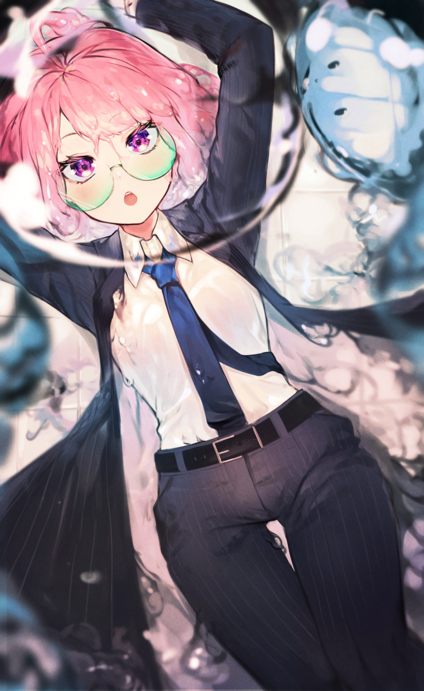 absurd_res arms_above_head belt dripping eyebrows_visible_through_hair female_focus glasses hiiragi_mikoto matching_hair/eyes on_back open_mouth pink_eyes pink_hair sae_(vtuber) short_hair slime slime_clothing slime_girl slime_hair solo_female suit tie tile_floor virtual_youtuber