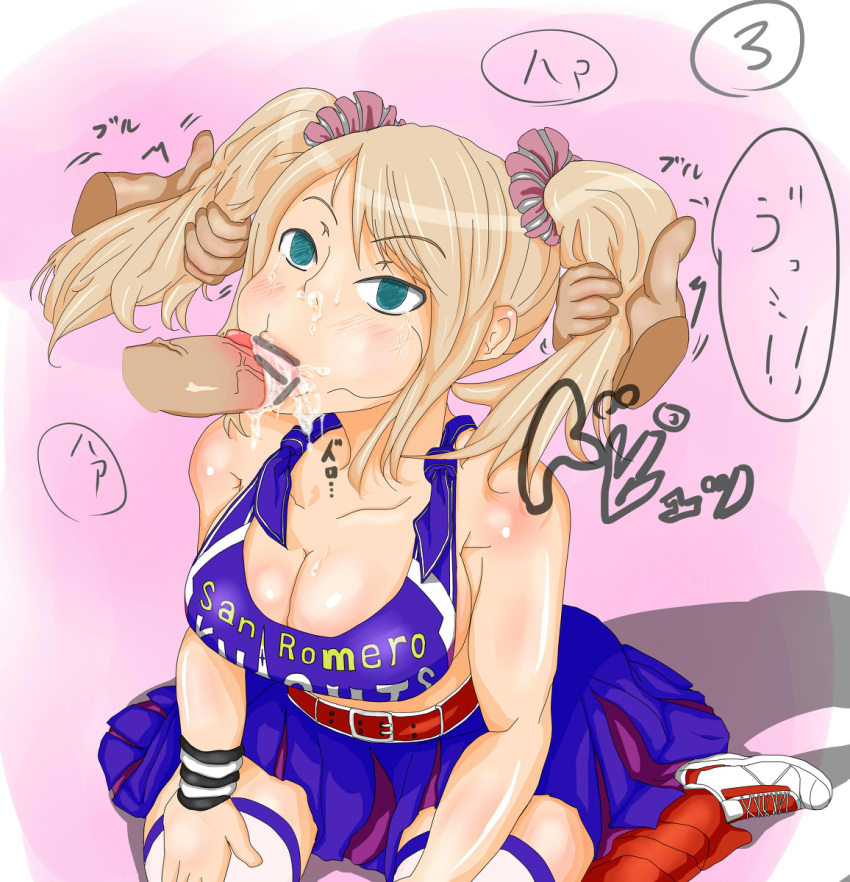 ashinoue_futomomo cheek_bulge cheerleader cum cum_out_nose fellatio juliet_starling lollipop_chainsaw twintails