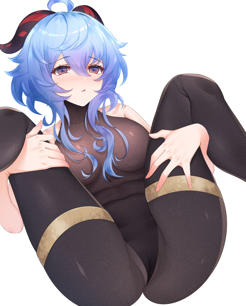 absurdres ahoge bangs black_legwear black_leotard blue_hair blush bodystocking bodysuit breasts cameltoe female ganyu_(genshin_impact) genshin_impact goat_horns grabbing_own_thigh highres horns leotard leotard_under_clothes long_hair looking_at_viewer medium_breasts nose_blush parted_lips purple_eyes sidelocks solo spread_legs thighlet thighs wei_gui_yu white_background