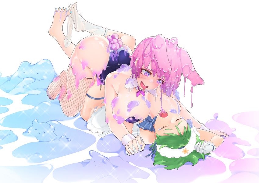 2girls absurdres blush bow bunny_ears bunny_tail bunnysuit closed_eyes dripping embarrassed eyebrows_visible_through_hair fishnets green_hair hand_holding heart_eyes huge_breasts matching_hair/eyes messy multiple_girls on_back open_mouth pink_eyes pink_hair ruithebigp sae_(vtuber) slime slime_clothing slime_girl slime_hair virtual_youtuber white_background