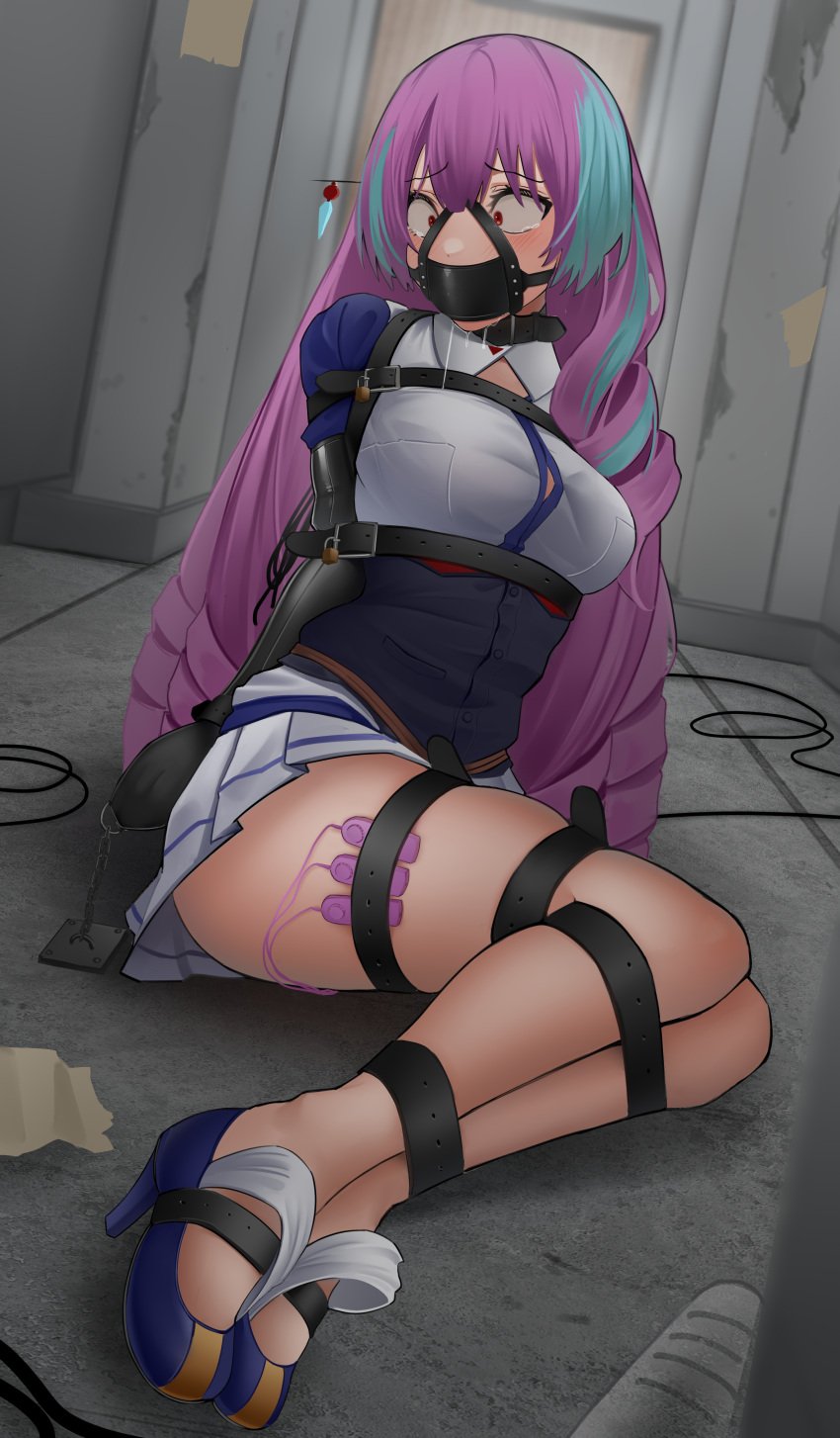 1girls armbinder bangs belts blue_hair bondage bound_breasts bound_feet bound_knees bound_legs bound_thighs chains clothed crotch_rope curly_hair drill_hair drool fear female female_only full_body gag harness harris_hero harrisillust high_heels indoors lock long_hair looking_down macross macross_delta mikumo_guynemer multiple_vibrators penis_gag pleated_skirt purple_hair red_eyes saliva sitting sitting_on_floor skirt solo solo_female squish streaked_hair tears unbuttoned_shirt vibrator white_skirt