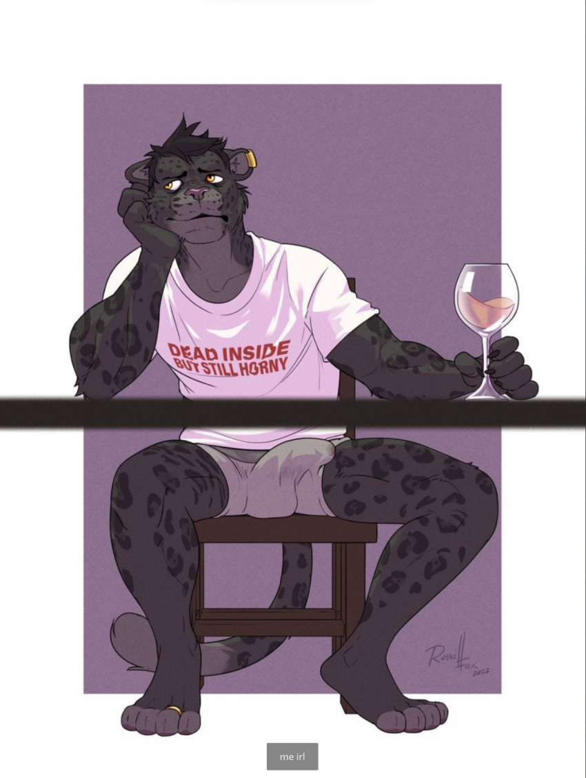 anthro bulge chair clothing container cup drinking_glass ear_piercing ear_ring felid furniture glass glass_container glass_cup hi_res male mammal melanistic pantherine piercing ring ring_piercing russell_allen solo table text wine_glass