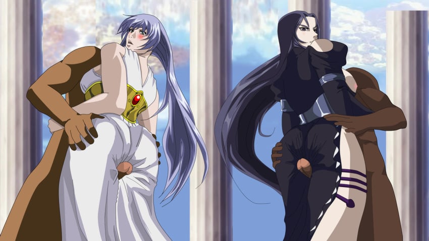 2boys 2girls artist_request athena_(saint_seiya) big_ass black_hair black_hair_female breasts breasts_outside busty dark-skinned_male dark_skin divine_slut flushed_face goddess grabbing_ass human interracial long_hair muscular_male pale-skinned_female pale_skin pandora_(saint_seiya) penis_in_ass purple_hair saint_seiya saint_seiya:_the_lost_canvas sanctuary sasha_(saint_seiya) specters tagme villainess wide_hips