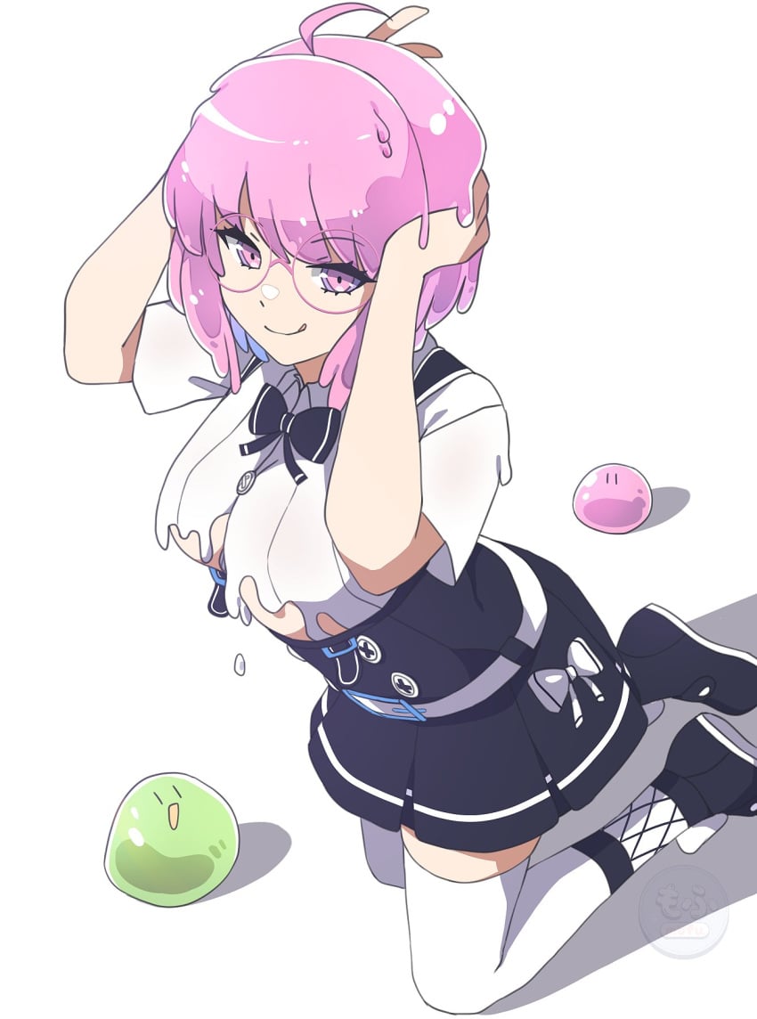 bow female_focus hands_on_head highres leggings licking_lips matching_hair/eyes pink_eyes pink_hair sae_(vtuber) shadow slime slime_clothing slime_girl slime_hair solo_female thighs underboob unknown_artist v virtual_youtuber white_background