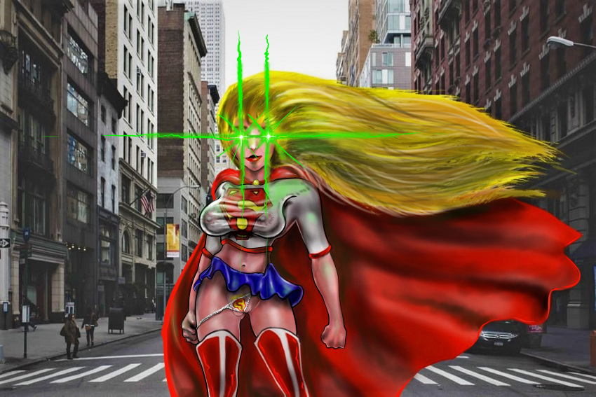 1girls blonde blonde_pubic_hair city cityscape dc flashing flashing_panties flashing_pussy green_eyes kara_zor-el laser long_blonde_hair metropolis mischievous_smile panties panties_aside red_boots short_skirt smirk street supergirl superheroine talon68 tight_shirt upskirt wet_t-shirt white_panties x-ray_vision