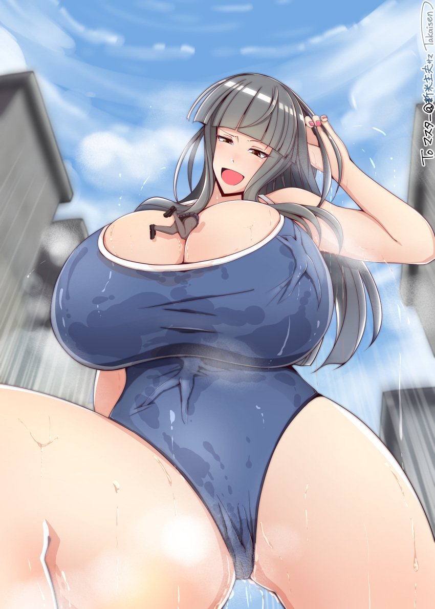 1girls between_breasts breasts femdom giantess grey_hair huge_breasts macro macro_female micro micro_in_cleavage micro_on_breasts micro_on_macro micro_on_stomach micro_on_vagina one-piece_swimsuit open_mouth person_between_breasts size_difference swimsuit takaisen thighs trapped_in_clothing vagina wet