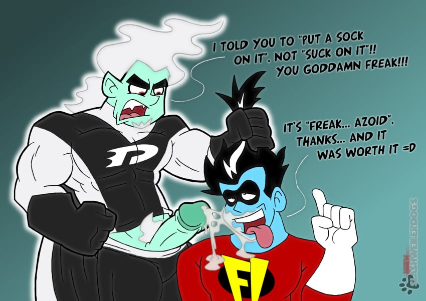 black_hair blue_skin crossover cum danny_phantom dark_danny domino_mask english_text freakazoid freakazoid! gloves hair_pull male male_only mask nickelodeon open_mouth penis slashweilerdog warner_brothers white_hair yaoi