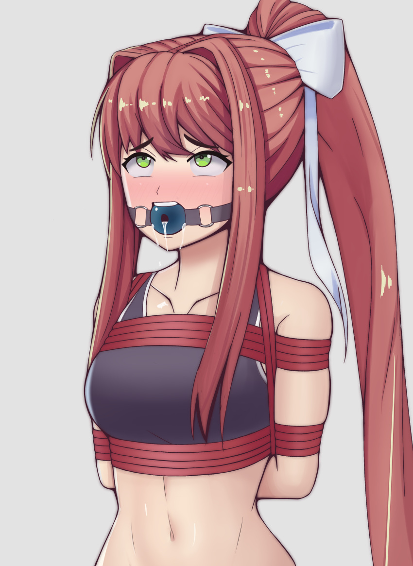 1girls arms_behind_back blush bondage bonkulus bow brunette burgundy_hair cock_gag deepthroat dildo dildo_gag dildo_mask doki_doki_literature_club female female_only femsub fringe gag gagging ginger green_eyes hands_tied imminent_deepthroat innocent long_hair monika_(doki_doki_literature_club) pale-skinned_female penis_gag petite pink_hair ponytail questionable_consent ribbon rolling_eyes rope saliva sports_bra submissive_female surprise_deepthroat surprised throat_penetration throat_training tight_throat tongue_out white_ribbon