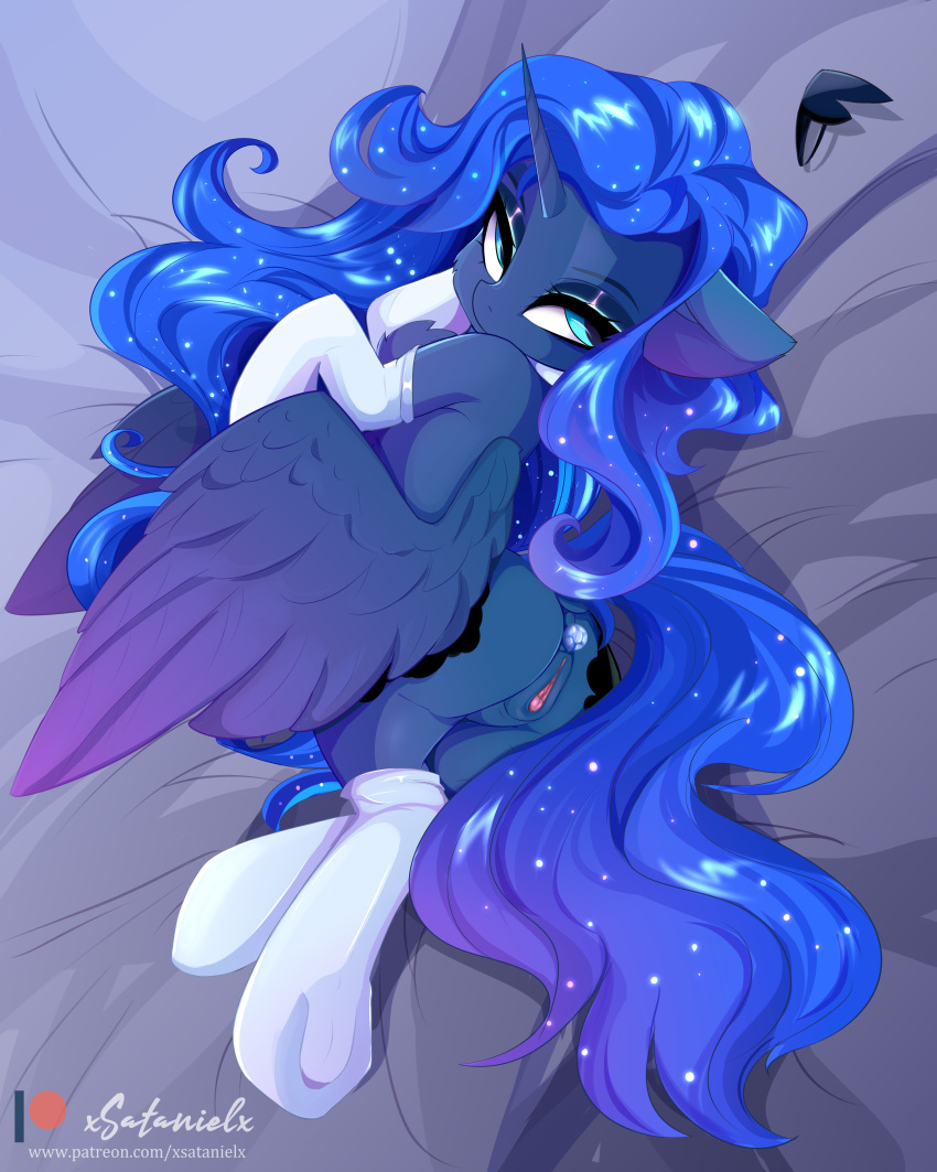 2022 4:5 absurd_res alicorn animal_genitalia animal_pussy ass bedroom_eyes blue_body blue_eyes blue_hair clothing cutie_mark equid equine equine_pussy feathered_wings feathers female feral friendship_is_magic genitals hair hasbro hi_res hooves horn legwear long_hair looking_back mammal mostly_nude my_little_pony narrowed_eyes princess_luna_(mlp) pussy seductive solo white_clothing white_legwear wings xsatanielx