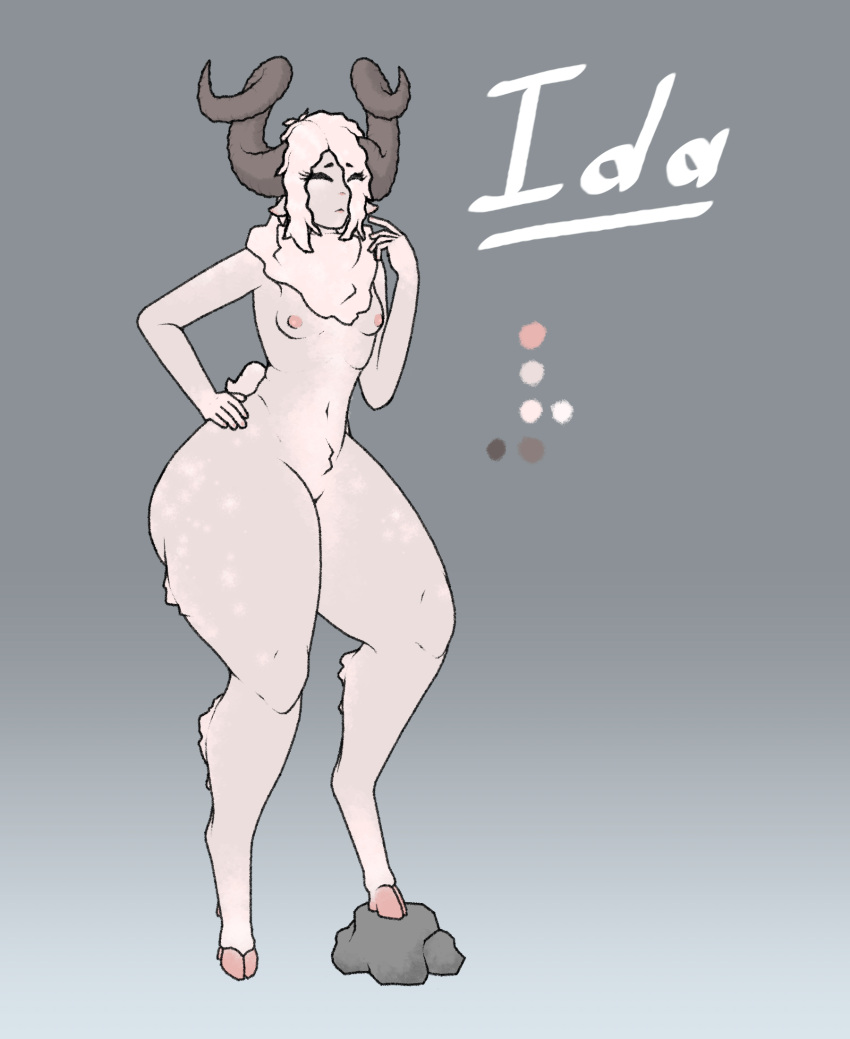 anthro ass big_butt big_horn biped bottom_heavy bovid bovid_horn breasts caprine caprine_horn closed_eyes cloven_hooves female fluffy fur hair hand_on_hip hi_res hooves horn lap_lamb mammal neck_tuft nude sheep simple_background small_breasts small_waist solo thick_thighs tuft wavy_hair white_body white_fur wide_hips