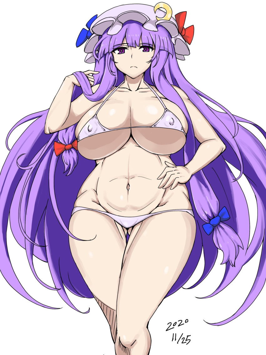 1girls ass_visible_through_thighs bangs big_breasts bikini blunt_bangs breasts closed_mouth collarbone crescent_hat_ornament dated hand_on_hip huge_breasts long_hair looking_at_viewer mob_cap navel nishiumi_yuuta patchouli_knowledge purple_bikini purple_eyes purple_hair simple_background solo solo_female string_bikini touhou very_long_hair white_background