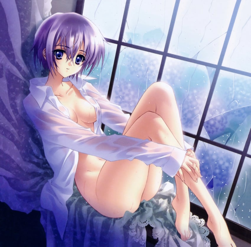 1girls absurd_res ass blouse breasts carnelian cleavage collared_shirt eyelashes eyeliner female female_only hi_res makeup medium_breasts medium_hair naked_shirt open_clothes open_shirt rain see-through shirt short_hair sweat wet window wing_collar