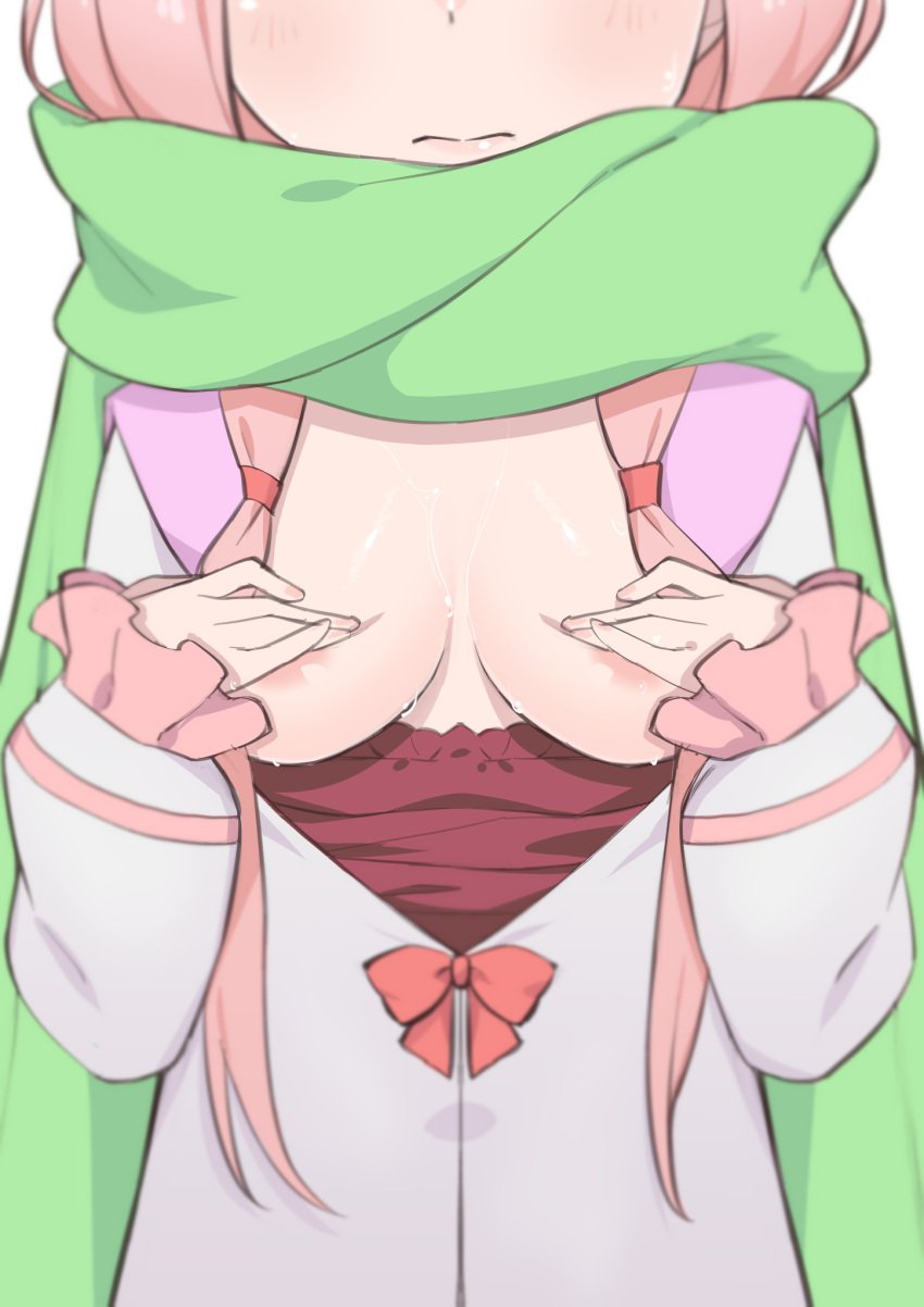 areola_slip blush breast_squeeze breasts breasts_out carmilla_(re:zero) closed_mouth covering covering_breasts dress female head_out_of_frame highres long_hair medium_breasts morisobo pink_hair re:zero_kara_hajimeru_isekai_seikatsu scarf self_fondle solo sweat sweatdrop white_dress