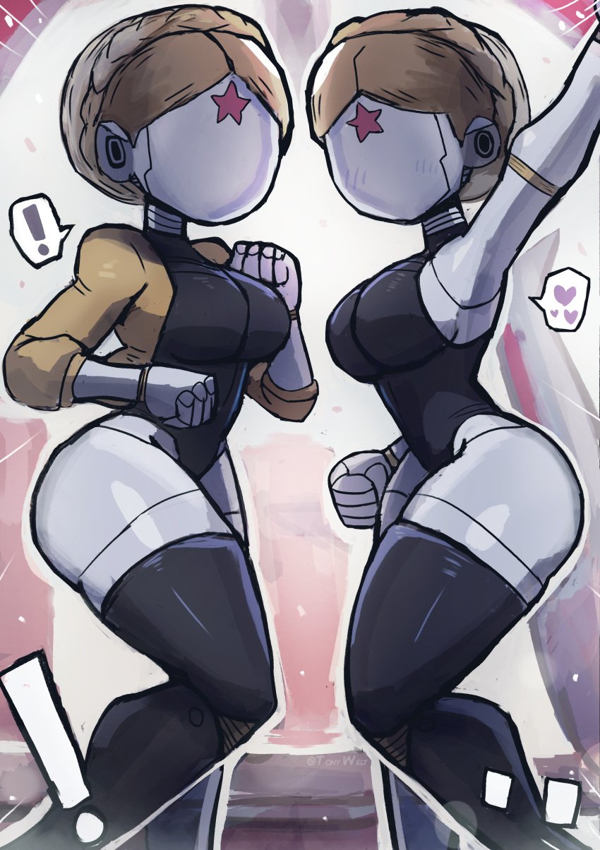 2girls atomic_heart big_breasts female female_only grey_body grey_skin large_breasts left_(atomic_heart) leotard looking_at_viewer no_face right_(atomic_heart) robot robot_girl the_twins_(atomic_heart) thick_thighs thighs tony_welt wide_hips