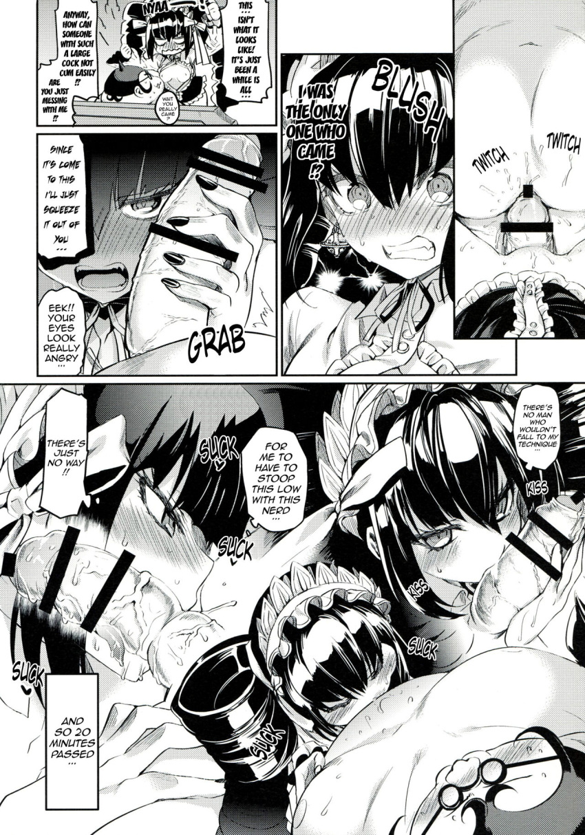 1boy 1girls blowjob celestia_ludenberg completely_nude completely_nude_male danganronpa danganronpa:_trigger_happy_havoc danganronpa_1 doujinshi english_text fat_man female goth human licking_penis male monochrome open_clothes penis straight straight_hair taira_kosaka text yamada_hifumi